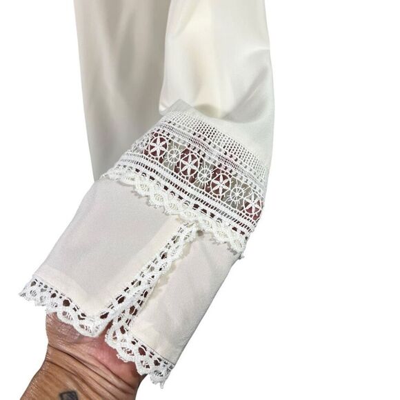 Rebecca Taylor Long Sleeve Small Sheer Silk Blend Cream Blouse Size 4 Lace Detai - Picture 4 of 14